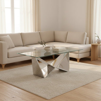 Silver Stainless Steel Wing Base Coffee Table with Clear Glass Top, Allure
