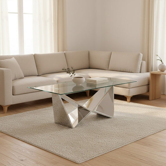 Silver Stainless Steel Wing Base Coffee Table with Clear Glass Top, Allure