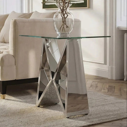 Silver Stainless Steel Wing Base End Table with Clear Glass Top | Allure