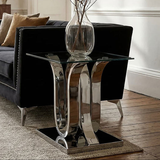 Silver Mirrored Finish Curved Base End Table with Clear Glass Top | Allure
