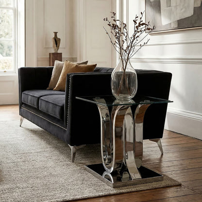 Silver Mirrored Finish Curved Base End Table with Clear Glass Top | Allure