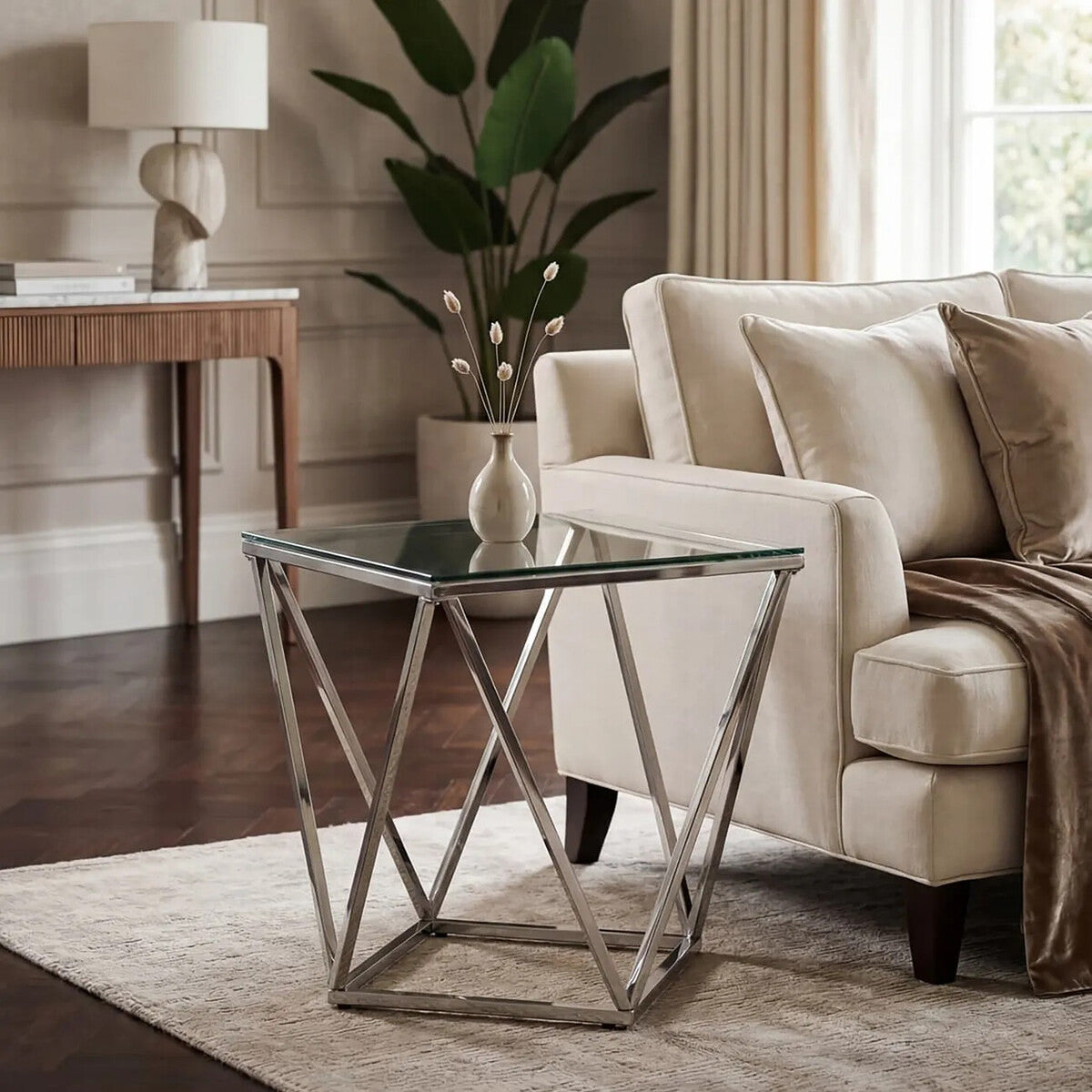 Silver Twist Design Small End Table with Tempered Glass Top | Allure