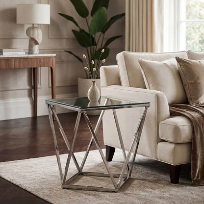 Silver Twist Design Small End Table with Tempered Glass Top | Allure