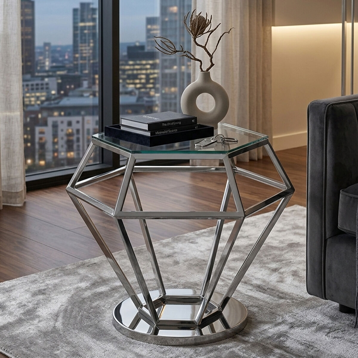 Silver Geometric Diamond Design End Table with Clear Tempered Glass Top | Allure