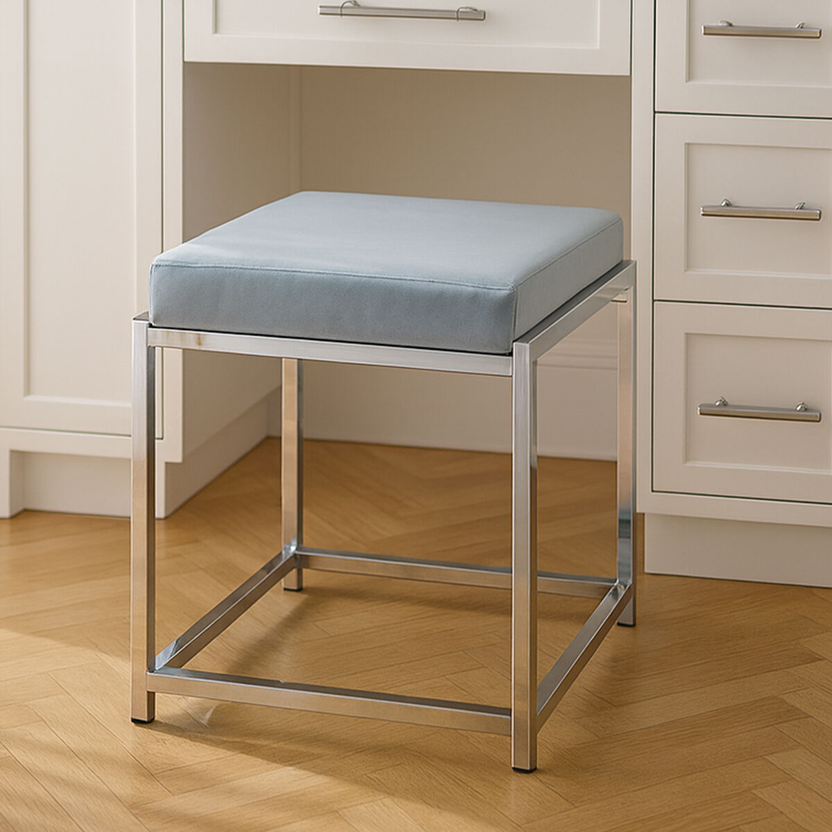 Allure Powder Blue Velvet And Silver Stool