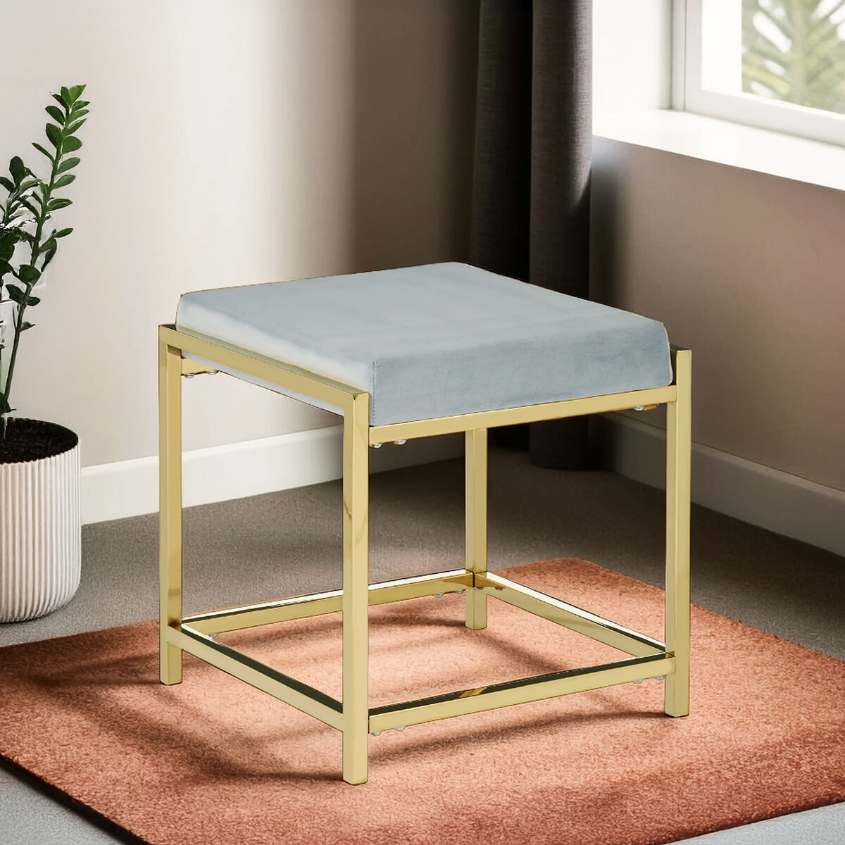 Allure Powder Blue Velvet Stool with Gold Stainless Steel Frame