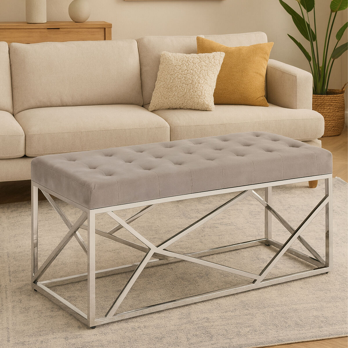 Allure Mink Velvet Bench with  Silver Finish Frame