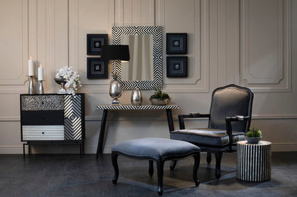 Boho Black and White Bone Inlay Console Table with Metal Legs