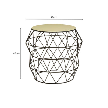 White Ivory Enamel Top Side Table with Black Metal Geometric Openwork Base | Corina