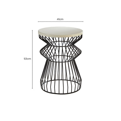 White Top Round Side Table with Black Iron Wire Curved Openwork Base | Corina