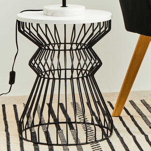 White Top Round Side Table with Black Iron Wire Curved Openwork Base | Corina