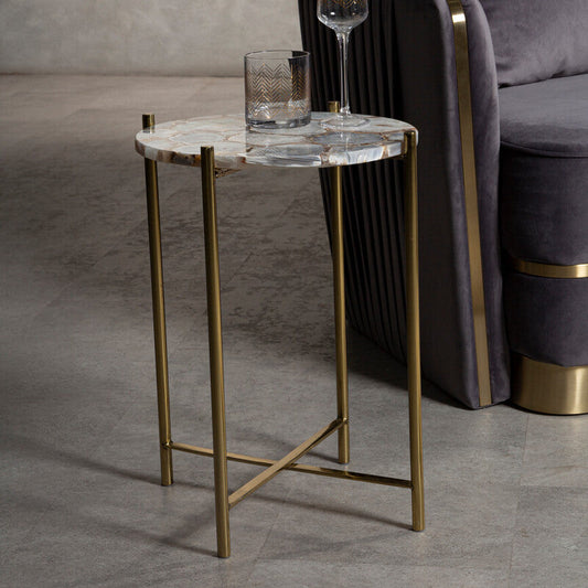 Natural and Gold Agate Top Side Table with Gold Steel Cross Base | Vita