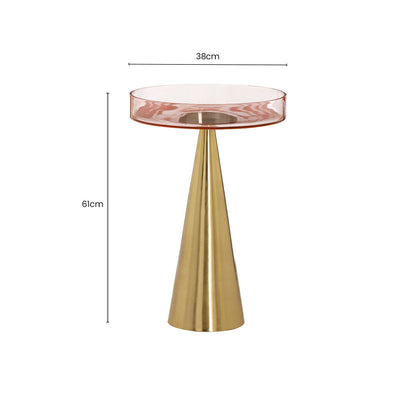 Clear Large Side Table with Pink Tinted Glass Top and Conical Metal Base, Martini