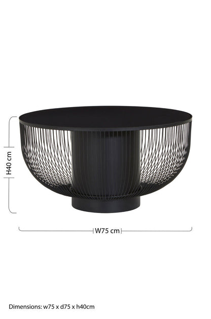 Black Glass Top Round Coffee Table with Matte Black Cylindrical Wireframe Base, Trento