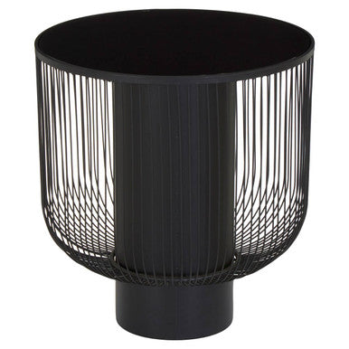 Black Glass Top Round End Table with Matte Black Cylindrical Wireframe Base | Trento