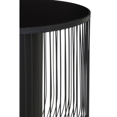 Black Glass Top Round End Table with Matte Black Cylindrical Wireframe Base | Trento