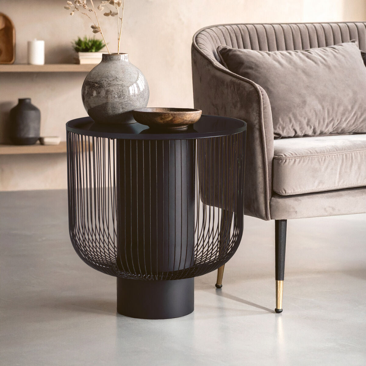 Black Glass Top Round End Table with Matte Black Cylindrical Wireframe Base | Trento