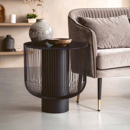 Black Glass Top Round End Table with Matte Black Cylindrical Wireframe Base | Trento