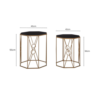 Set of 2 Black Glass Hexagon End Tables with Copper Finish Metal Cross Frame Base | Trento
