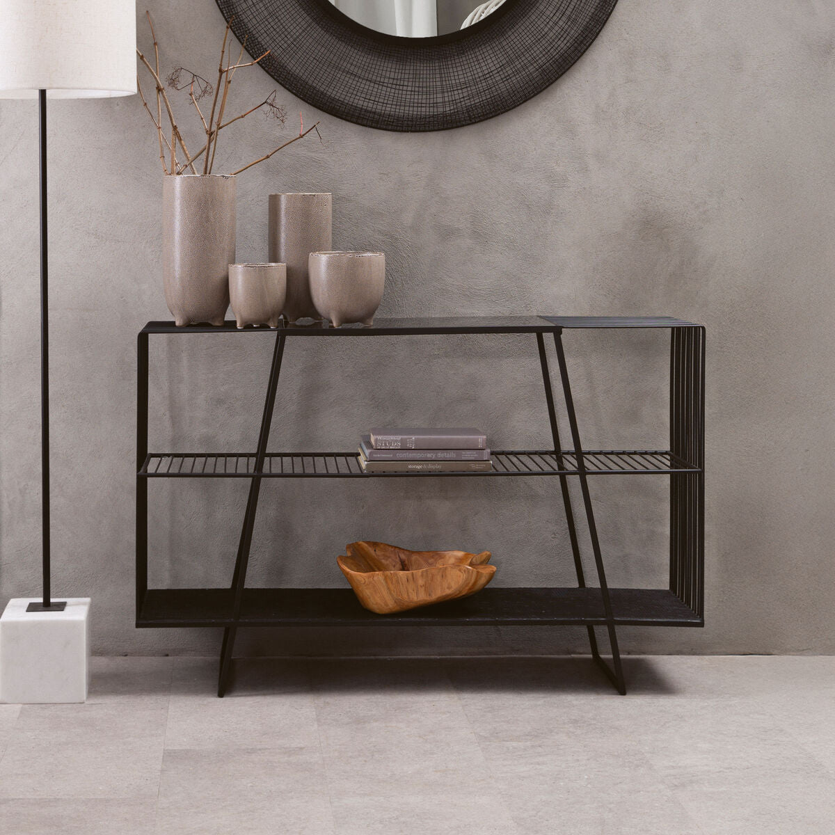 Grey Glass Console Table with Two Open Shelves and Black Metal Frame | Trento