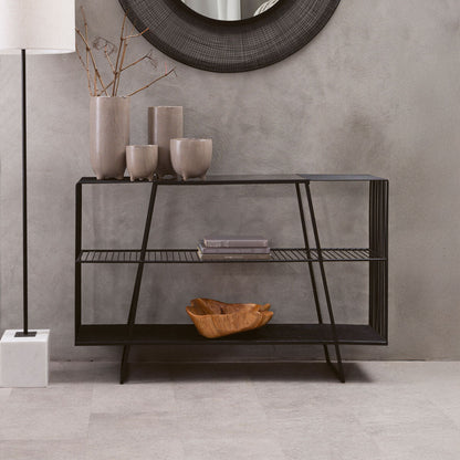 Grey Glass Console Table with Two Open Shelves and Black Metal Frame | Trento
