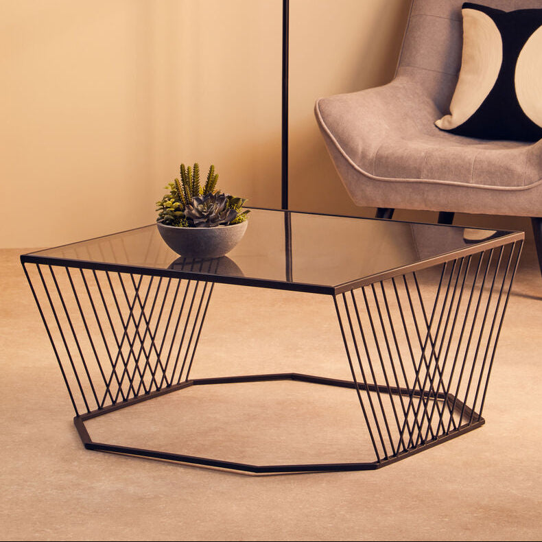 Grey Glass Top Coffee Table with Black Wireframe Design | Trento