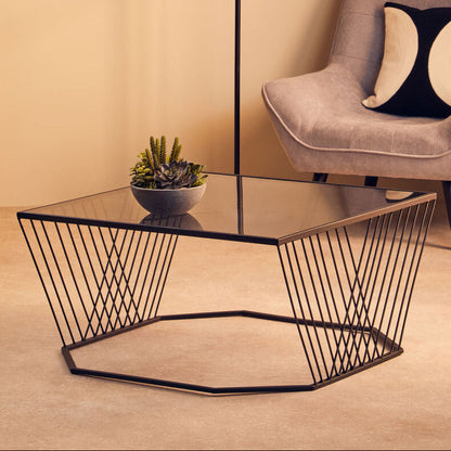 Grey Glass Top Coffee Table with Black Wireframe Design | Trento