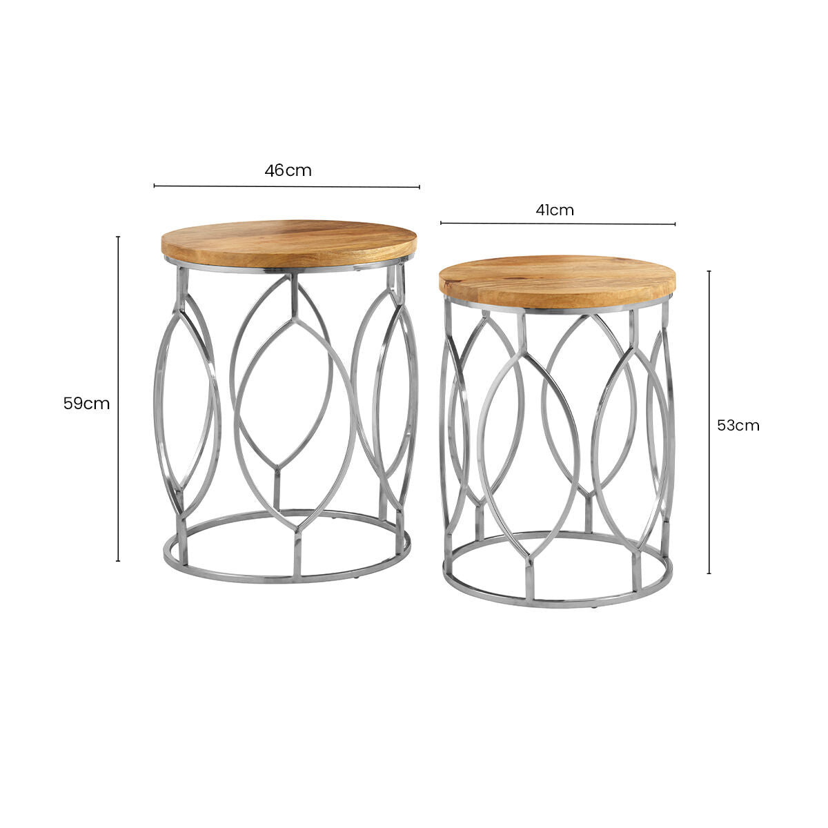 Set of 2 Natural Mango Wood Round Top Side Tables with Reflective Stainless Steel Base | Agra