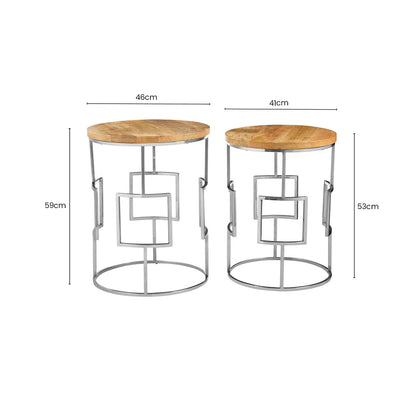 Set of 2 Natural Mango Wood Nesting Tables with Reflective Stainless Steel Base | Agra