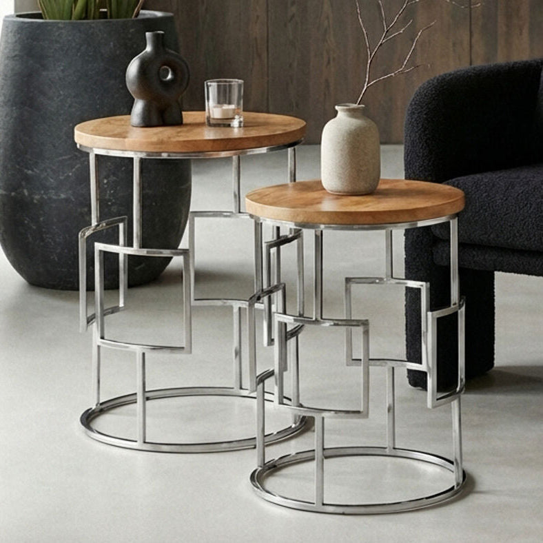 Set of 2 Natural Mango Wood Nesting Tables with Reflective Stainless Steel Base | Agra