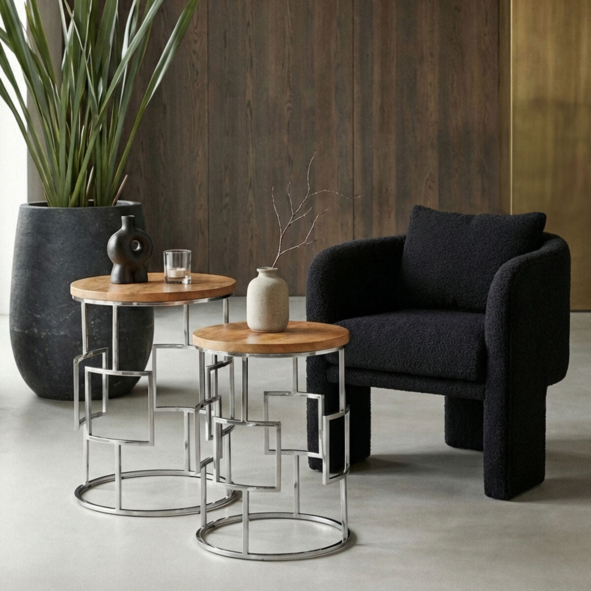 Set of 2 Natural Mango Wood Nesting Tables with Reflective Stainless Steel Base | Agra