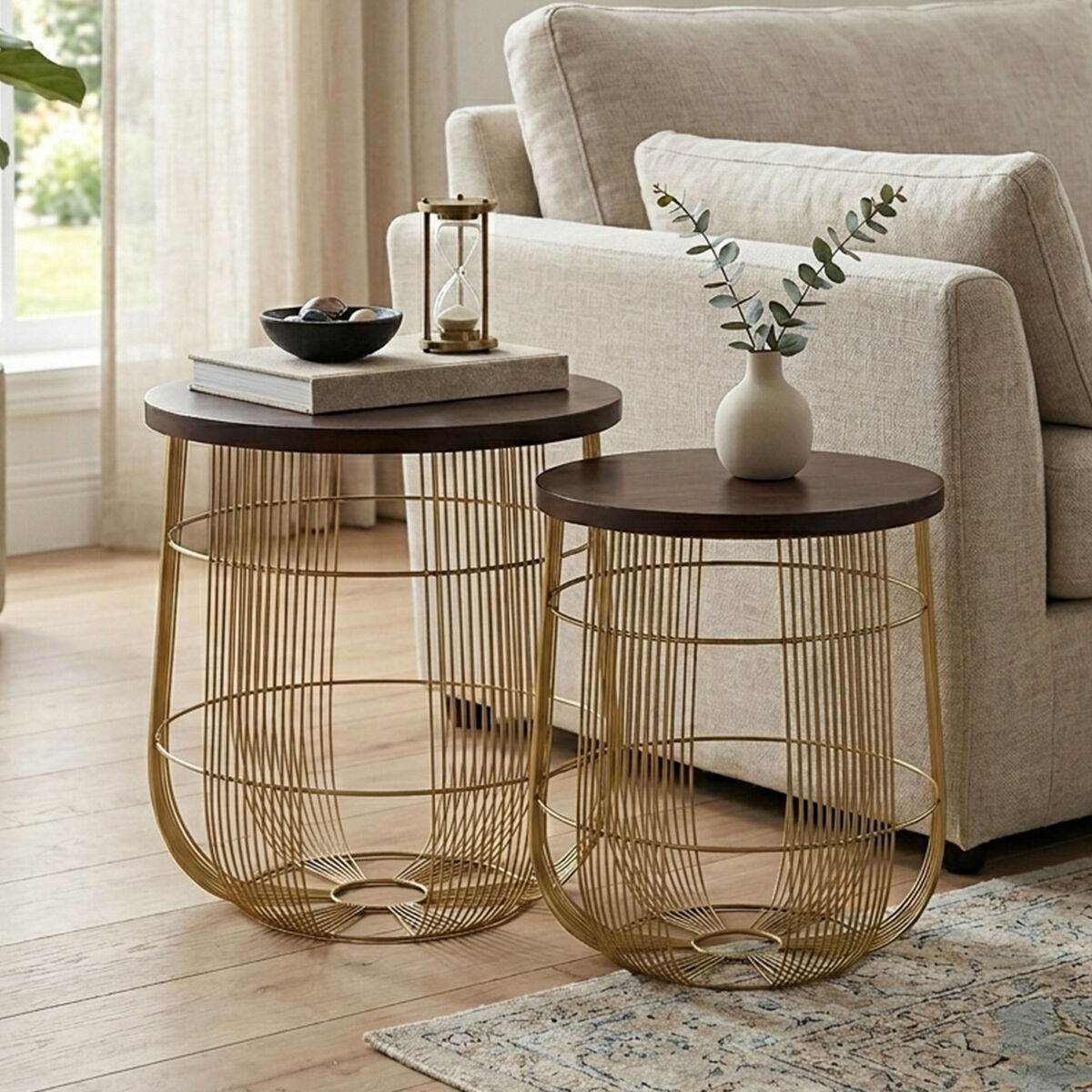 Set of 2 Brown Mango Wood Side Tables with Gold Finish Metal Base | Agra