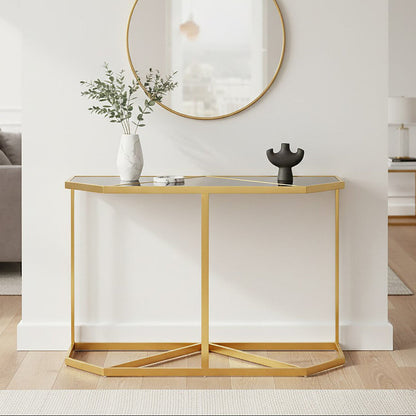 Black Tempered Glass Top Console Table with Gold Finish Stainless Steel Frame | Horizon
