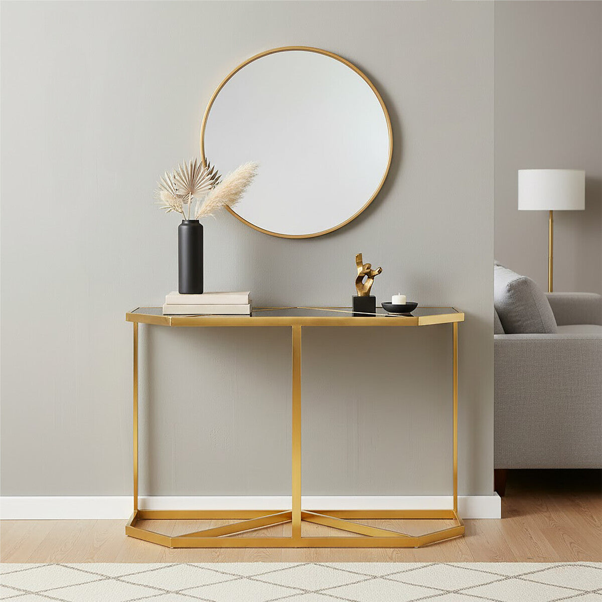Black Tempered Glass Top Console Table with Gold Finish Stainless Steel Frame | Horizon