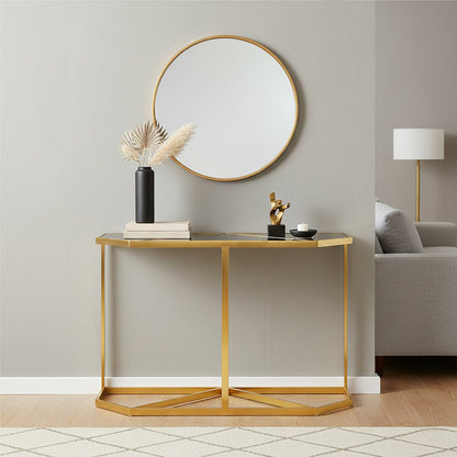 Black Tempered Glass Top Console Table with Gold Finish Stainless Steel Frame | Horizon