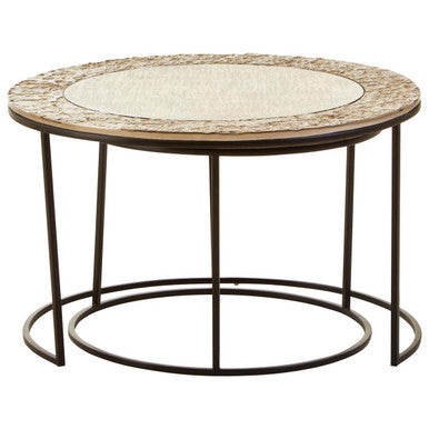 Antiqued Glass Tops Set of 2 Round Nesting Coffee Tables with Black Metal Frame | Akola