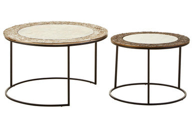 Antiqued Glass Tops Set of 2 Round Nesting Coffee Tables with Black Metal Frame | Akola
