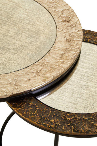 Antiqued Glass Tops Set of 2 Round Nesting Coffee Tables with Black Metal Frame | Akola