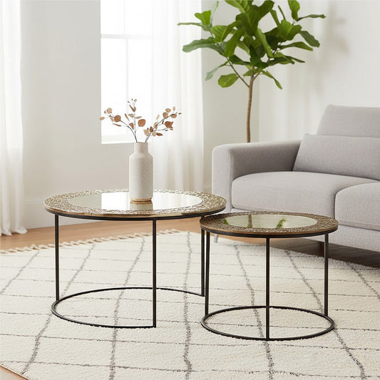 Antiqued Glass Tops Set of 2 Round Nesting Coffee Tables with Black Metal Frame | Akola