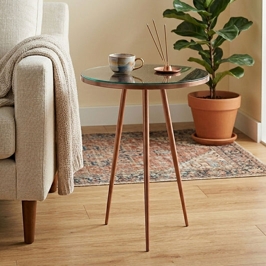 Tempered Glass Side Table with Antique Copper Finish Textured 3 Slim Legs | Akola
