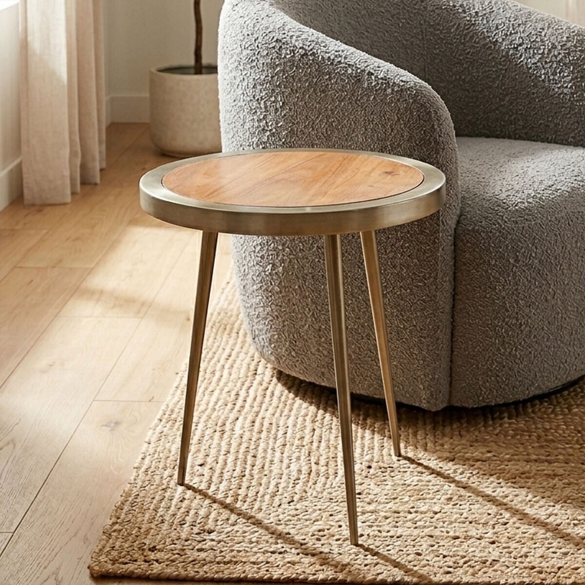 Almora Natural Acacia Wood Large Side Table with Gold Frame