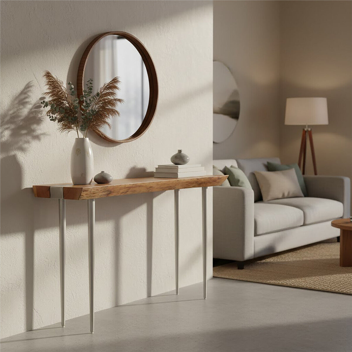Almora Brown Acacia Wood Console Table with Silver Metal Legs