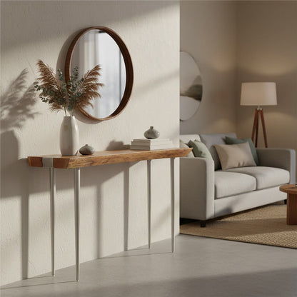 Almora Brown Acacia Wood Console Table with Silver Metal Legs