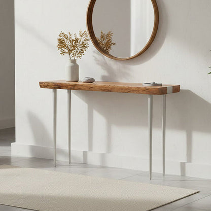 Almora Brown Acacia Wood Console Table with Silver Metal Legs