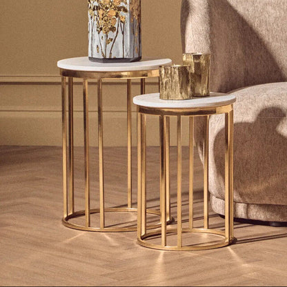 Set of 2 Round White Marble Tops Side Tables with Rich Gold Metal Frame | Templar