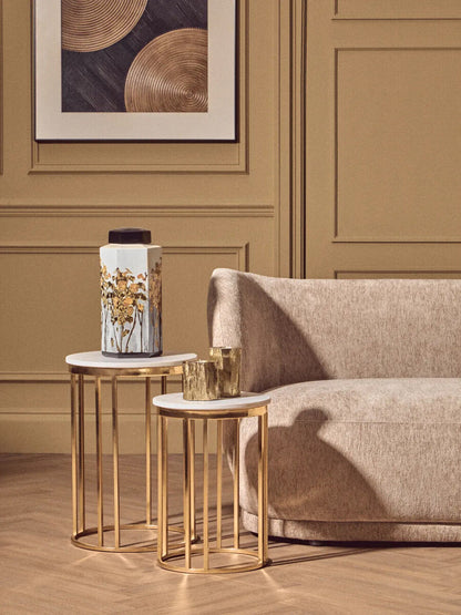 Set of 2 Round White Marble Tops Side Tables with Rich Gold Metal Frame | Templar