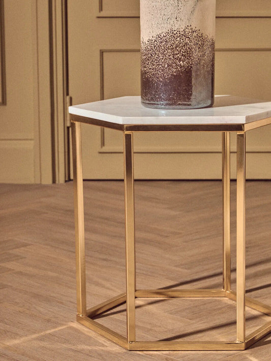Templar White Marble and Gold Hexagonal Side Table