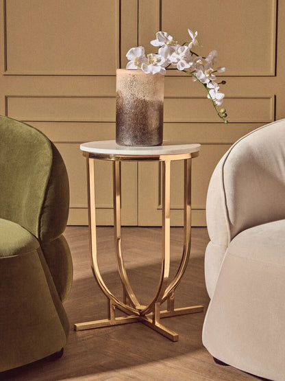 White Marble Tops Round Side Tables with Gold Finish Metal Frame | Templar