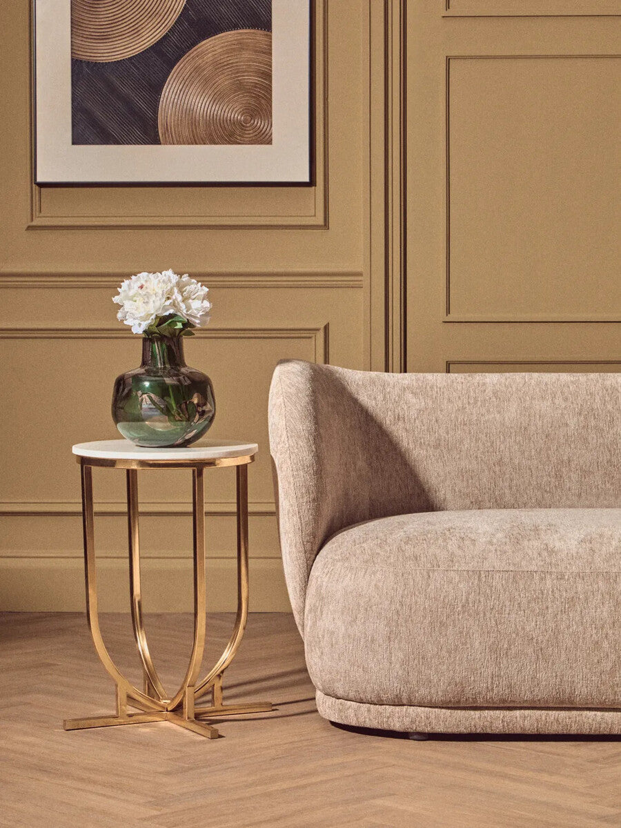 White Marble Tops Round Side Tables with Gold Finish Metal Frame | Templar