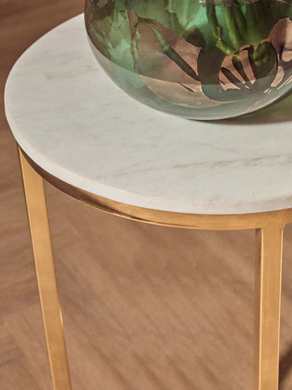 White Marble Tops Round Side Tables with Gold Finish Metal Frame | Templar